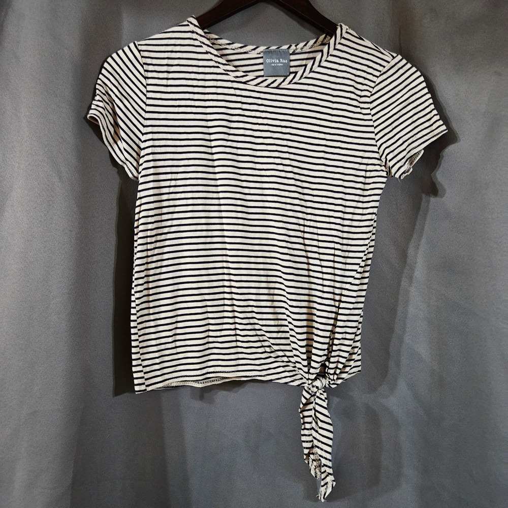 Olivia Rae Striped Side Tie Short Sleeve T-Shirt Cream Black‎ womens size small